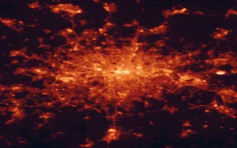 Satellite night-light map of the 50 km around City of Westminster, with Islington, Barking and Croydon marked
