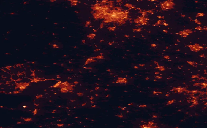 Satellite night-light map of the 100 km around the Cotswolds, with Birmingham, Bristol and Swindon marked