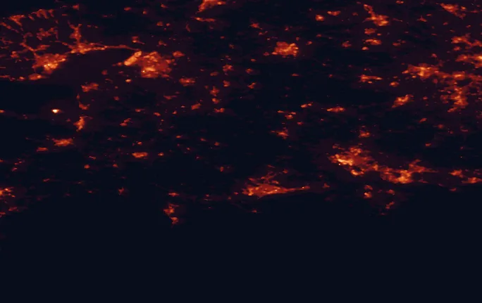 Satellite night-light map of the 100 km around Cranborne Chase, with Bristol, Southampton and Bournemouth marked