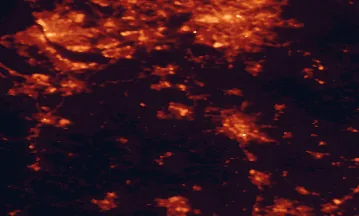 Satellite night-light map of the 50 km around Crewe, with Manchester, Stoke-on-Trent and Liverpool marked