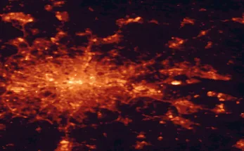 Satellite night-light map of the 50 km around Dagenham, with London, Barking and Islington marked