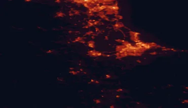 Satellite night-light map of the 50 km around Darlington, with Middlesbrough, Sunderland and Stockton-on-Tees marked