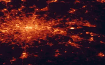Satellite night-light map of the 50 km around Dartford, with London, Barking and Islington marked