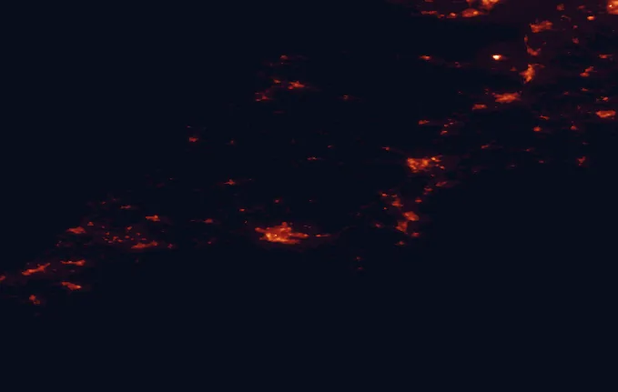 Satellite night-light map of the 100 km around Dartmoor, with Plymouth, Exeter and Paignton marked