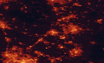 Satellite night-light map of the 50 km around Derby, with Nottingham, Leicester and Burton upon Trent marked