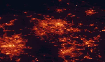 Satellite night-light map of the 50 km around Dewsbury, with Leeds, Bradford and Sheffield marked