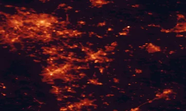 Satellite night-light map of the 50 km around Doncaster, with Sheffield, Leeds and Bradford marked