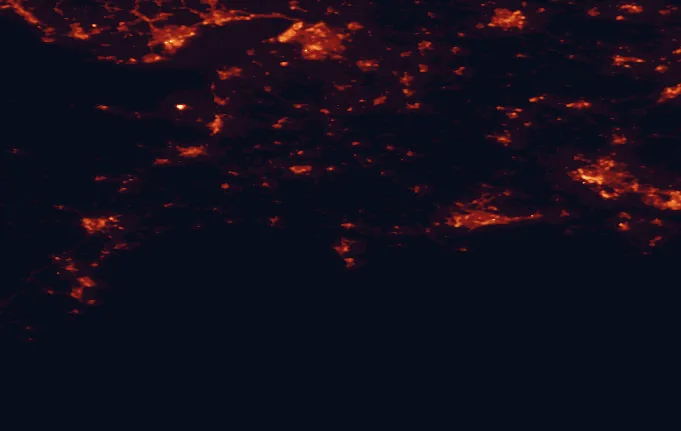 Satellite night-light map of the 100 km around Dorset, with Bristol, Cardiff and Southampton marked