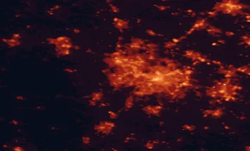 Satellite night-light map of the 50 km around Dudley, with Birmingham, Wolverhampton and Walsall marked