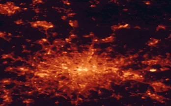 Satellite night-light map of the 50 km around Enfield Town, with London, Islington and City of Westminster marked