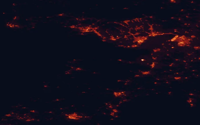 Satellite night-light map of the 100 km around Exmoor National Park, with Cardiff, Bristol and Swansea marked
