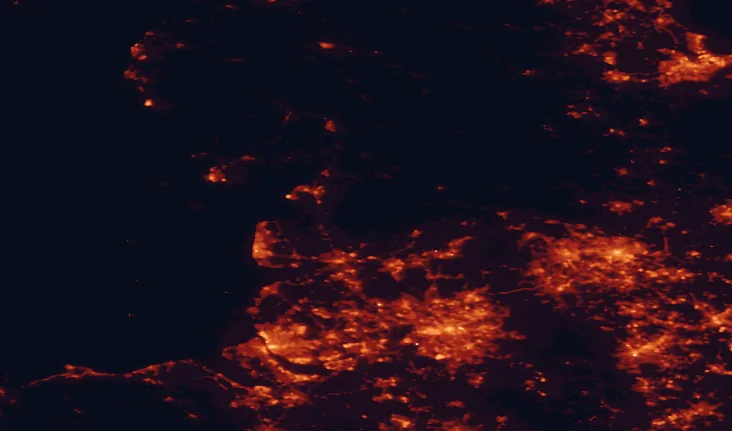 Satellite night-light map of the 100 km around the Forest of Bowland, with Preston, Manchester and Leeds marked