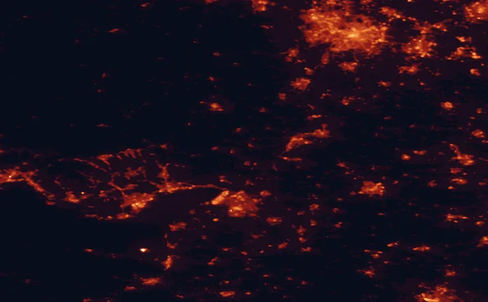 Satellite night-light map of the 100 km around the Forest of Dean, with Birmingham, Bristol and Cardiff marked