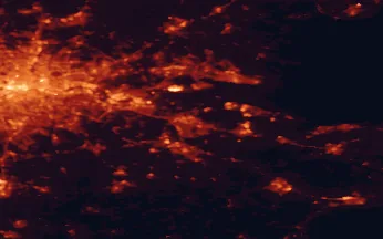 Satellite night-light map of the 50 km around Gillingham, with London, Southend-on-Sea and Islington marked
