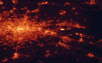 Satellite night-light map of the 50 km around Grays, with London, Islington and Barking marked