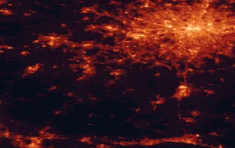 Satellite night-light map of the 50 km around Guildford, with London, Reading and Islington marked