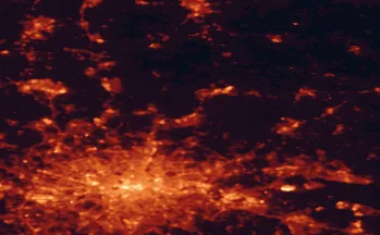 Satellite night-light map of the 50 km around Harlow, with London, Islington and Barking marked