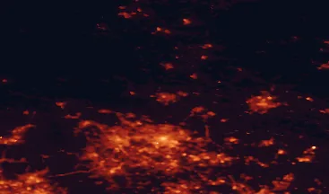 Satellite night-light map of the 50 km around Harrogate, with Leeds, Bradford and York marked