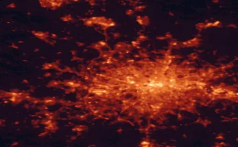 Satellite night-light map of the 50 km around Harrow, with London, Islington and City of Westminster marked