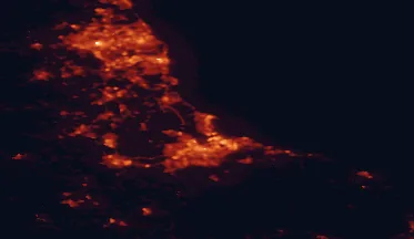 Satellite night-light map of the 50 km around Hartlepool, with Middlesbrough, Newcastle upon Tyne and Sunderland marked