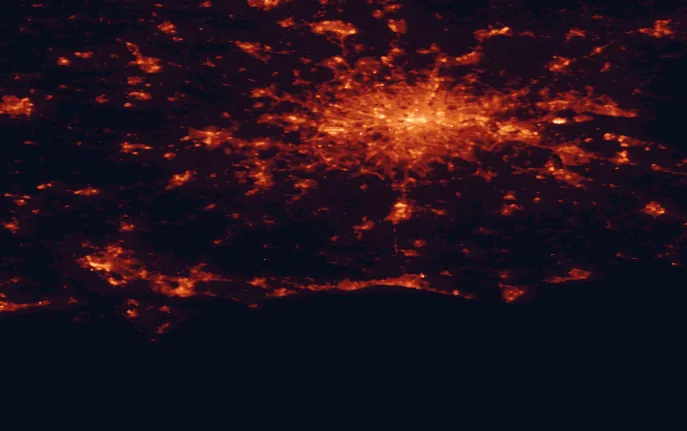 Satellite night-light map of the 100 km around the High Weald, with London, Brighton and Islington marked