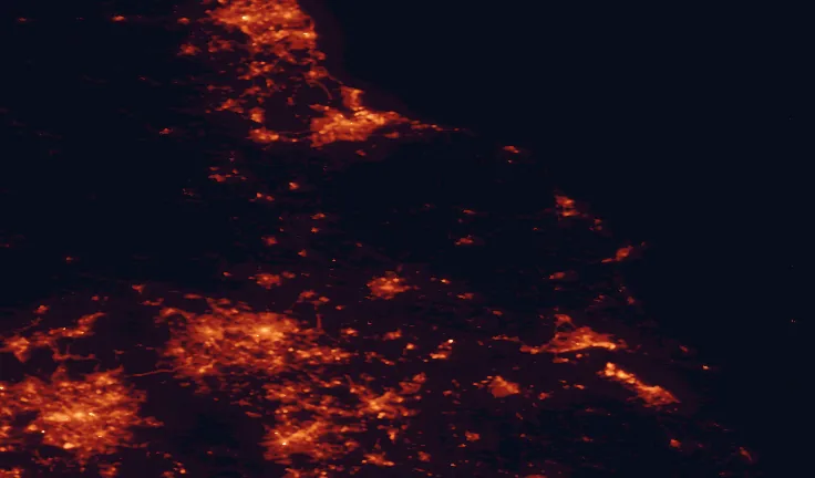 Satellite night-light map of the 100 km around the Howardian Hills, with Leeds, Sheffield and Bradford marked