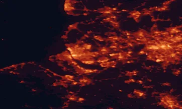 Satellite night-light map of the 50 km around Huyton, with Liverpool, Birkenhead and Manchester marked