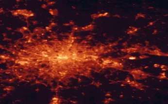 Satellite night-light map of the 50 km around Ilford, with London, Islington and City of Westminster marked