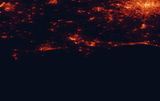 Satellite night-light map of the 100 km around the Isle of Wight, with London, Southampton and Portsmouth marked