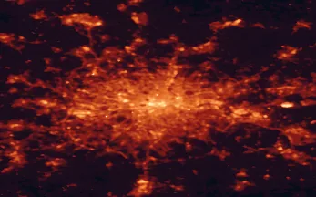 Satellite night-light map of the 50 km around Islington, with City of Westminster, Barking and Ilford marked