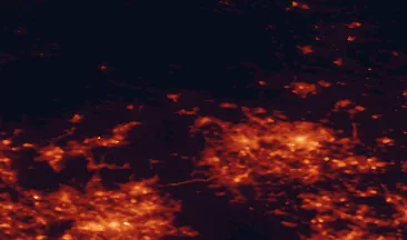 Satellite night-light map of the 50 km around Keighley, with Bradford, Leeds and Manchester marked