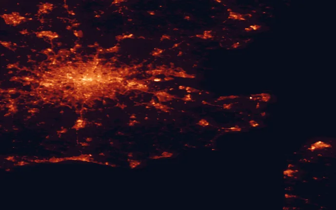 Satellite night-light map of the 100 km around the Kent Downs, with London, Southend-on-Sea and Islington marked