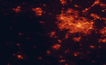 Satellite night-light map of the 50 km around Kidderminster, with Birmingham, Wolverhampton and Dudley marked
