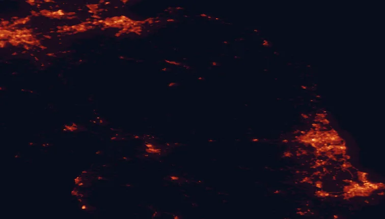 Satellite night-light map of the 100 km around Kielder Water & Forest Park, with Edinburgh, Newcastle upon Tyne and Sunderland marked