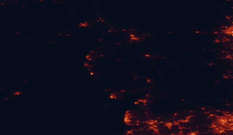 Satellite night-light map of the 100 km around the Lake District, with Preston, Bradford and Blackpool marked