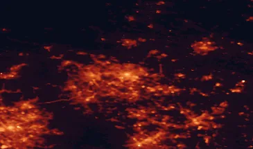 Satellite night-light map of the 50 km around Leeds, with Bradford, Sheffield and Manchester marked