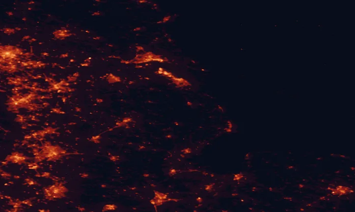 Satellite night-light map of the 100 km around the Lincolnshire Wolds, with Sheffield, Kingston upon Hull and Nottingham marked
