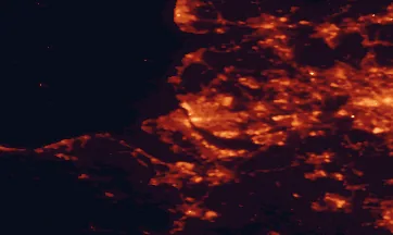Satellite night-light map of the 50 km around Liverpool, with St Helens, Preston and Wigan marked