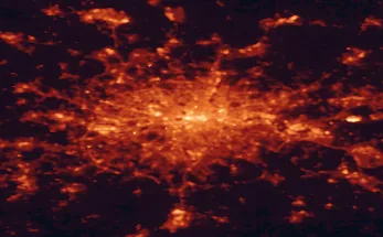 Satellite night-light map of the 50 km around London, with Barking, Croydon and Ilford marked
