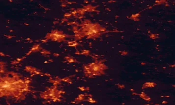 Satellite night-light map of the 50 km around Loughborough, with Birmingham, Leicester and Nottingham marked