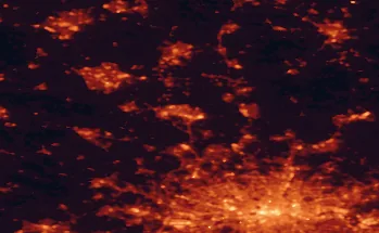 Satellite night-light map of the 50 km around Luton, with London, Milton Keynes and Islington marked