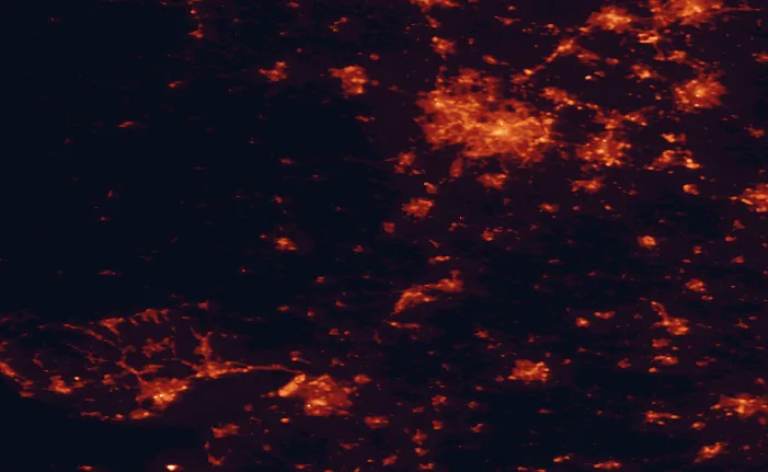 Satellite night-light map of the 100 km around the Malvern Hills, with Birmingham, Bristol and Coventry marked