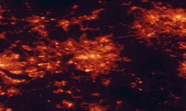 Satellite night-light map of the 50 km around Manchester, with Oldham, Leeds and Stockport marked