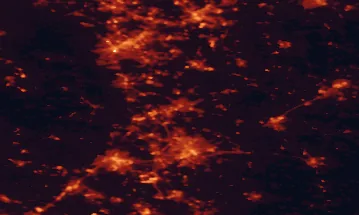 Satellite night-light map of the 50 km around Mansfield, with Sheffield, Nottingham and Derby marked