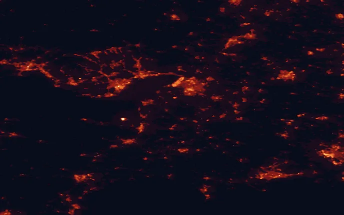 Satellite night-light map of the 100 km around the Mendip Hills, with Bristol, Cardiff and Newport marked