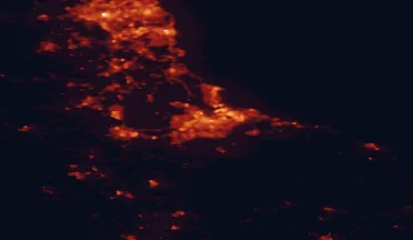 Satellite night-light map of the 50 km around Middlesbrough, with Stockton-on-Tees, Newcastle upon Tyne and Hartlepool marked