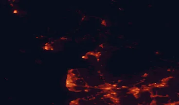 Satellite night-light map of the 50 km around Morecambe, with Preston, Blackpool and Lancaster marked