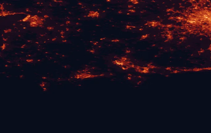 Satellite night-light map of the 100 km around the New Forest, with Southampton, Bristol and Bournemouth marked