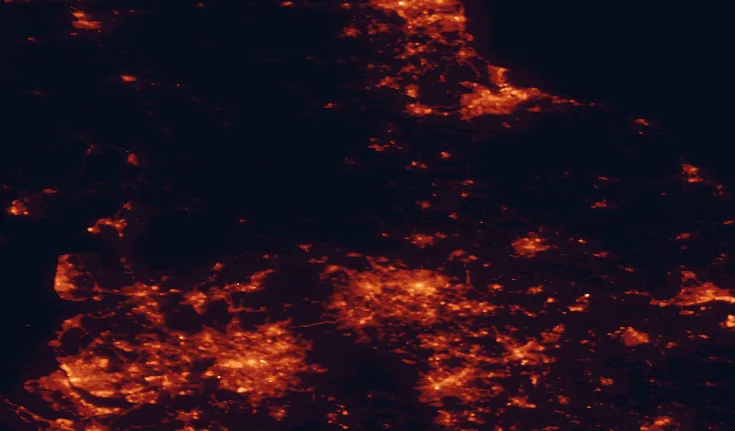 Satellite night-light map of the 100 km around Nidderdale, with Leeds, Bradford and Manchester marked