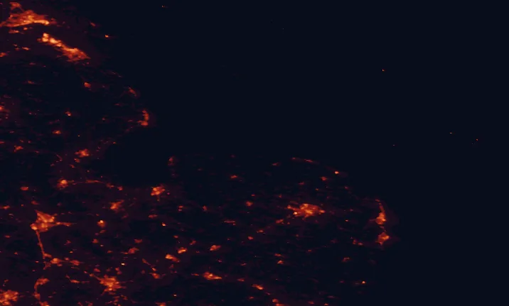 Satellite night-light map of the 100 km around the Norfolk Coast, with Norwich, Kingston upon Hull and Peterborough marked
